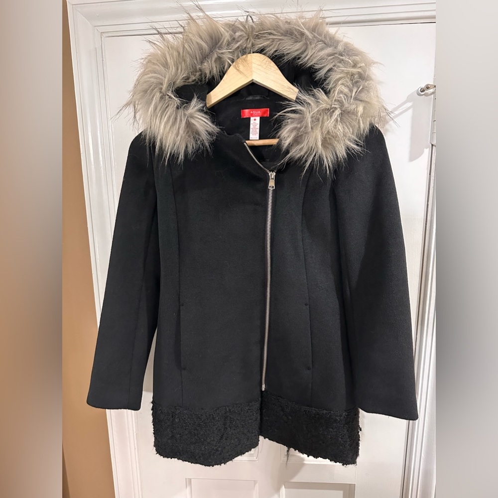 Big Girls Fur Hood Coat - Black